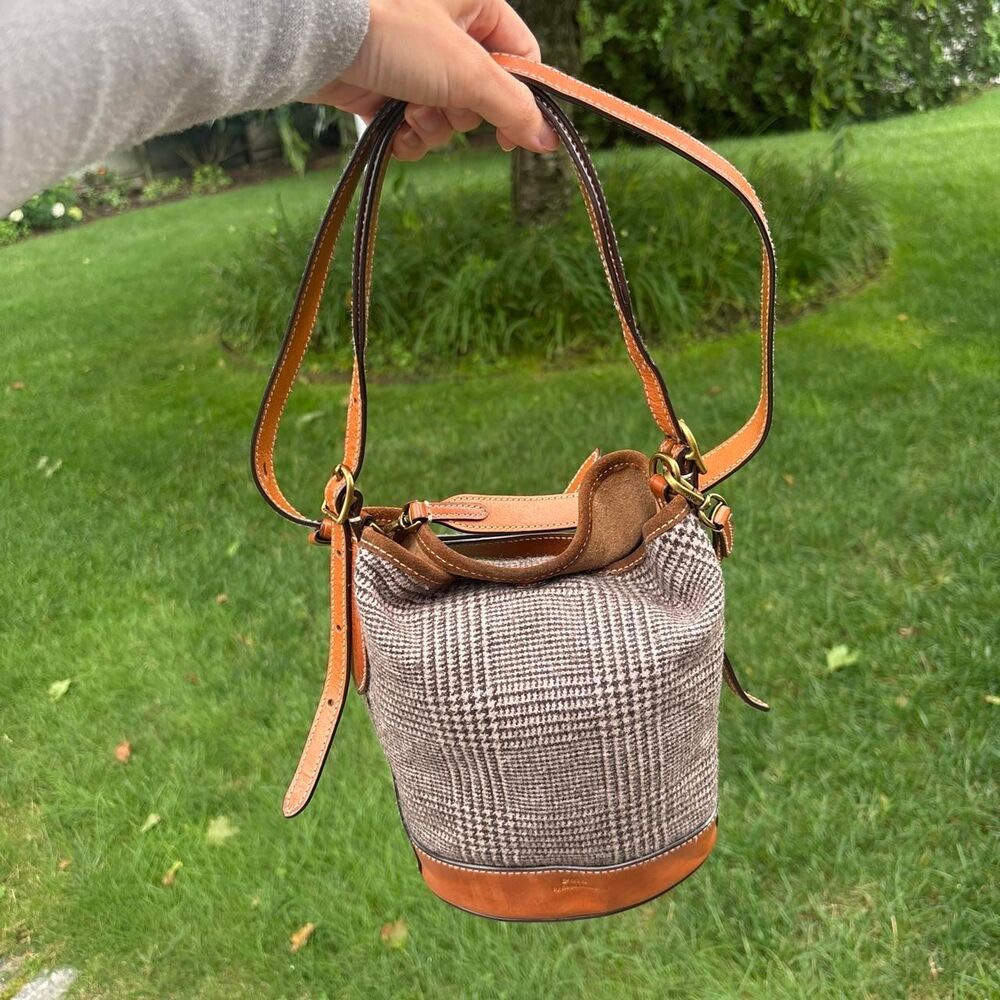 Polo Ralph Lauren Wool Glen Plaid and Suede Bucket Bag with shoulder strap